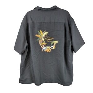Caribbean Mens XL Black Herringbone Parrot Hammock Embroidered Camp Shirt XL